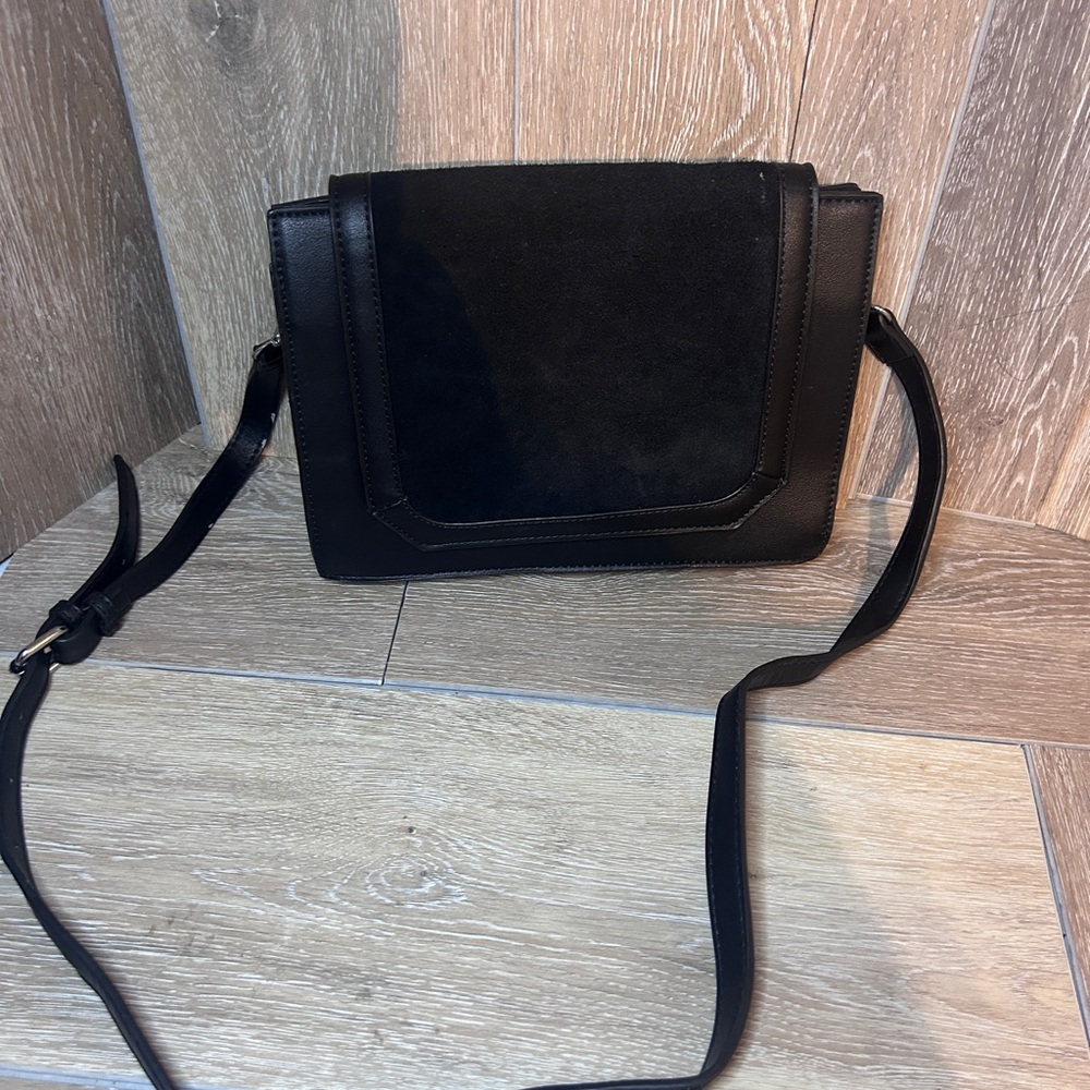 Madison West Black Suede & Leather Crossbody Bag |Chic Minimalist Shoulder Purse